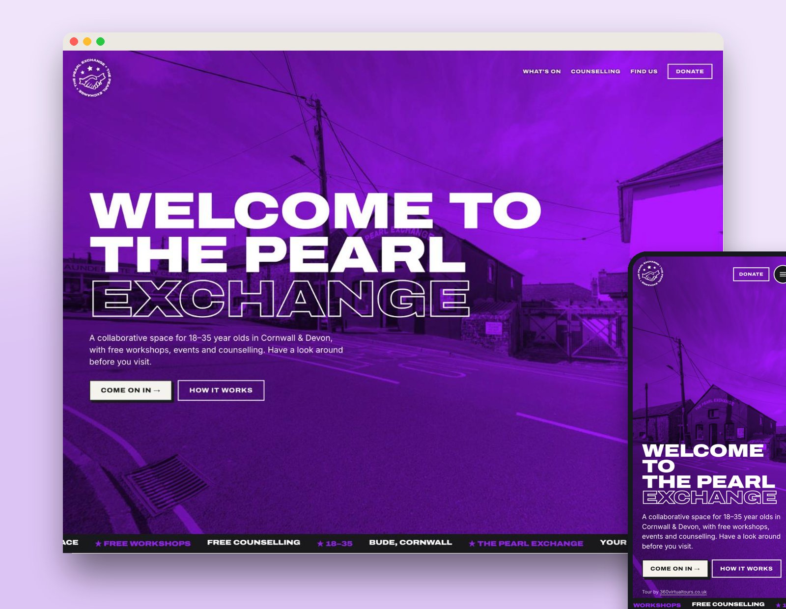 The Pearl Exchange virtual tour welcome screen on desktop and mobile