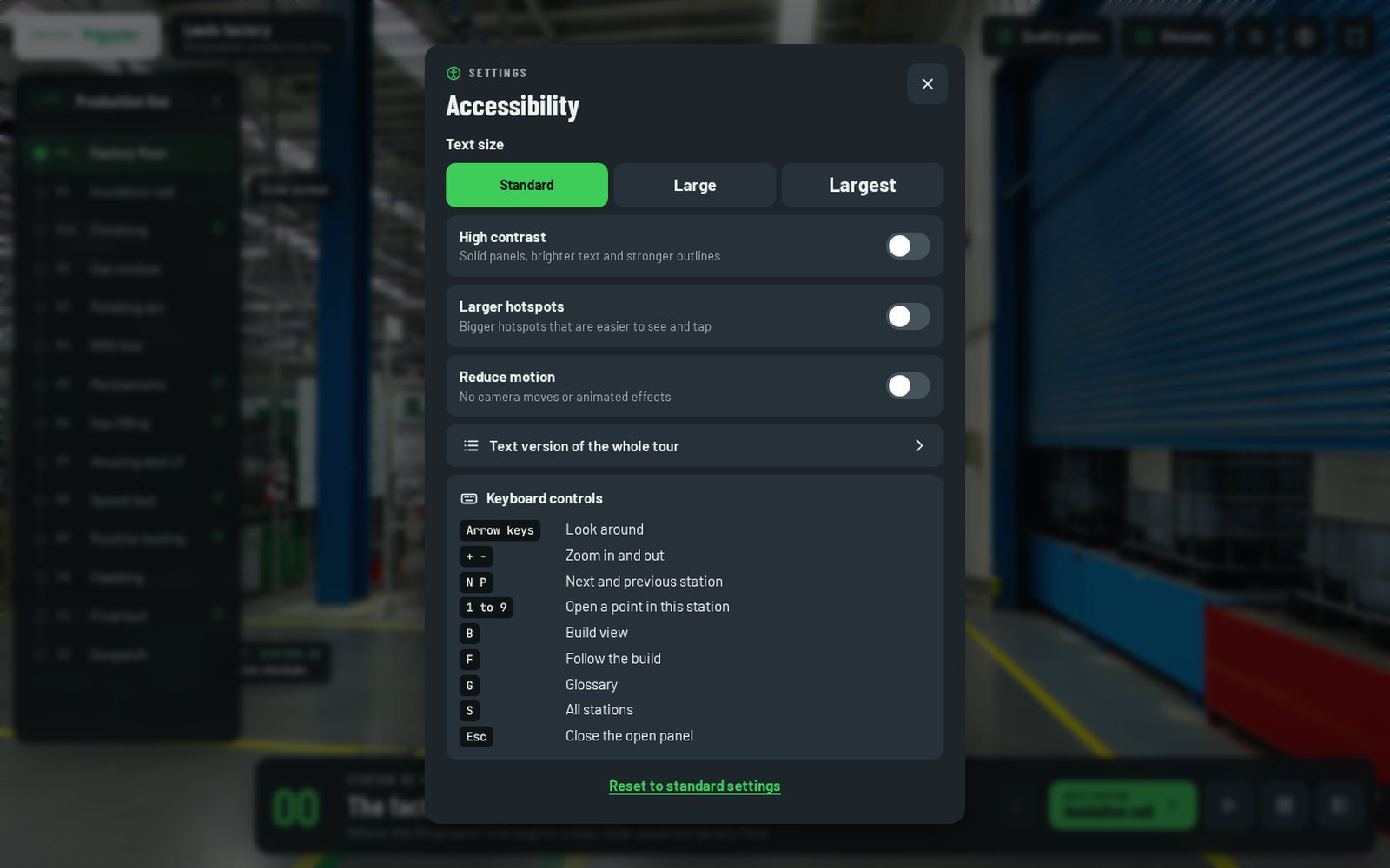 Accessibility settings panel with text size, high contrast, larger hotspots, reduce motion and keyboard controls
