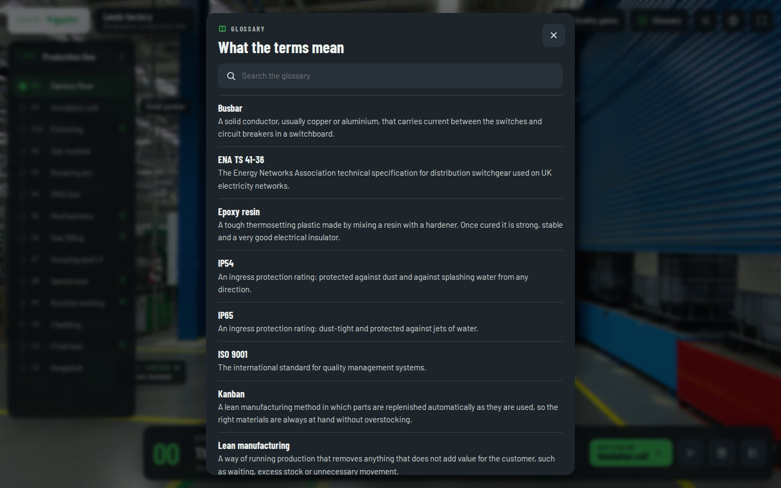 Glossary panel explaining the technical terms used in the tour