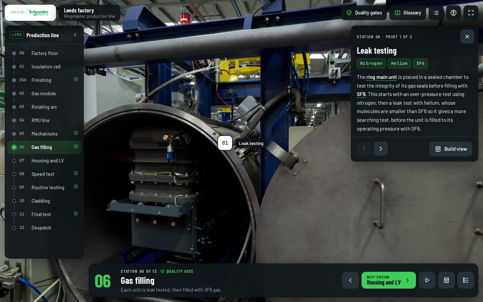 Leak testing point at station 06 with the ring main unit in its sealed test chamber