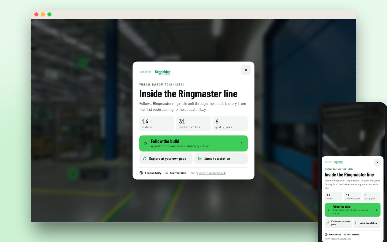 Schneider Electric Leeds factory tour welcome screen on desktop and mobile