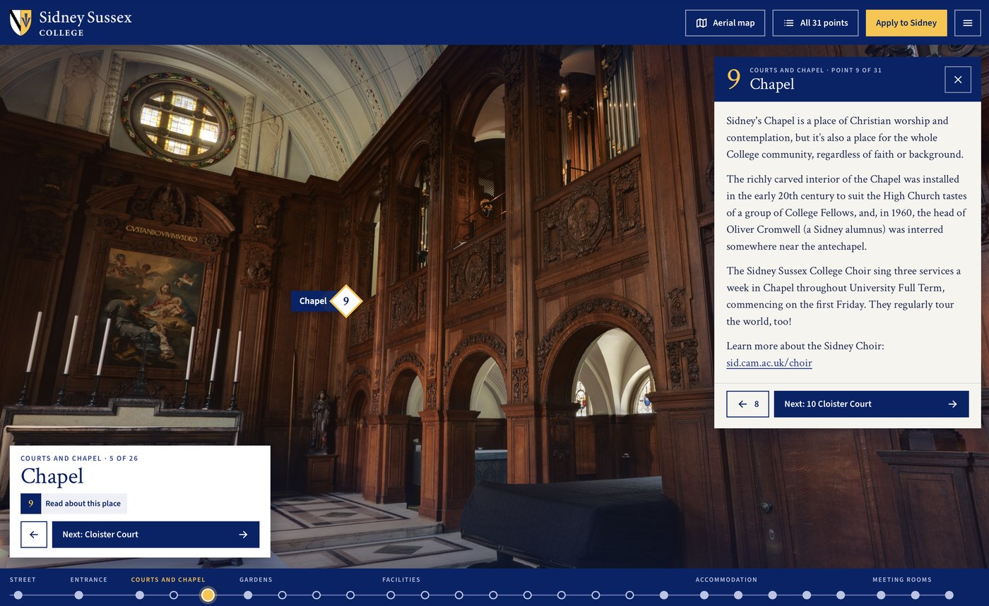 Sidney Sussex College virtual tour with the Chapel hotspot open, showing its history and a link to the College Choir