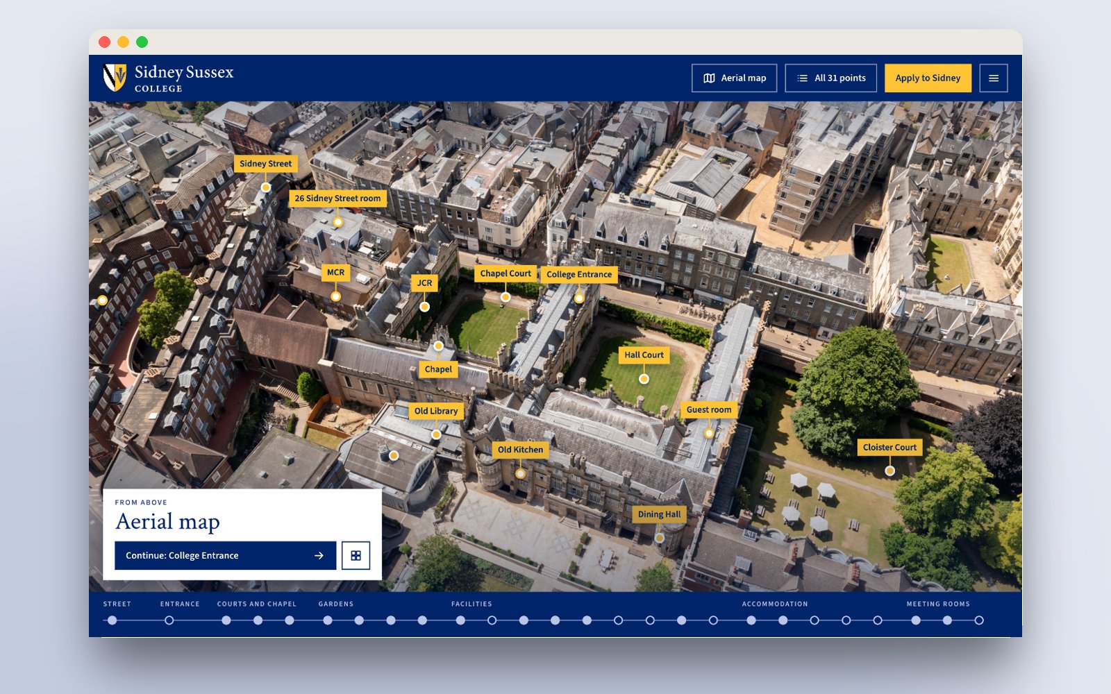Aerial map of Sidney Sussex College with labelled pins for each location