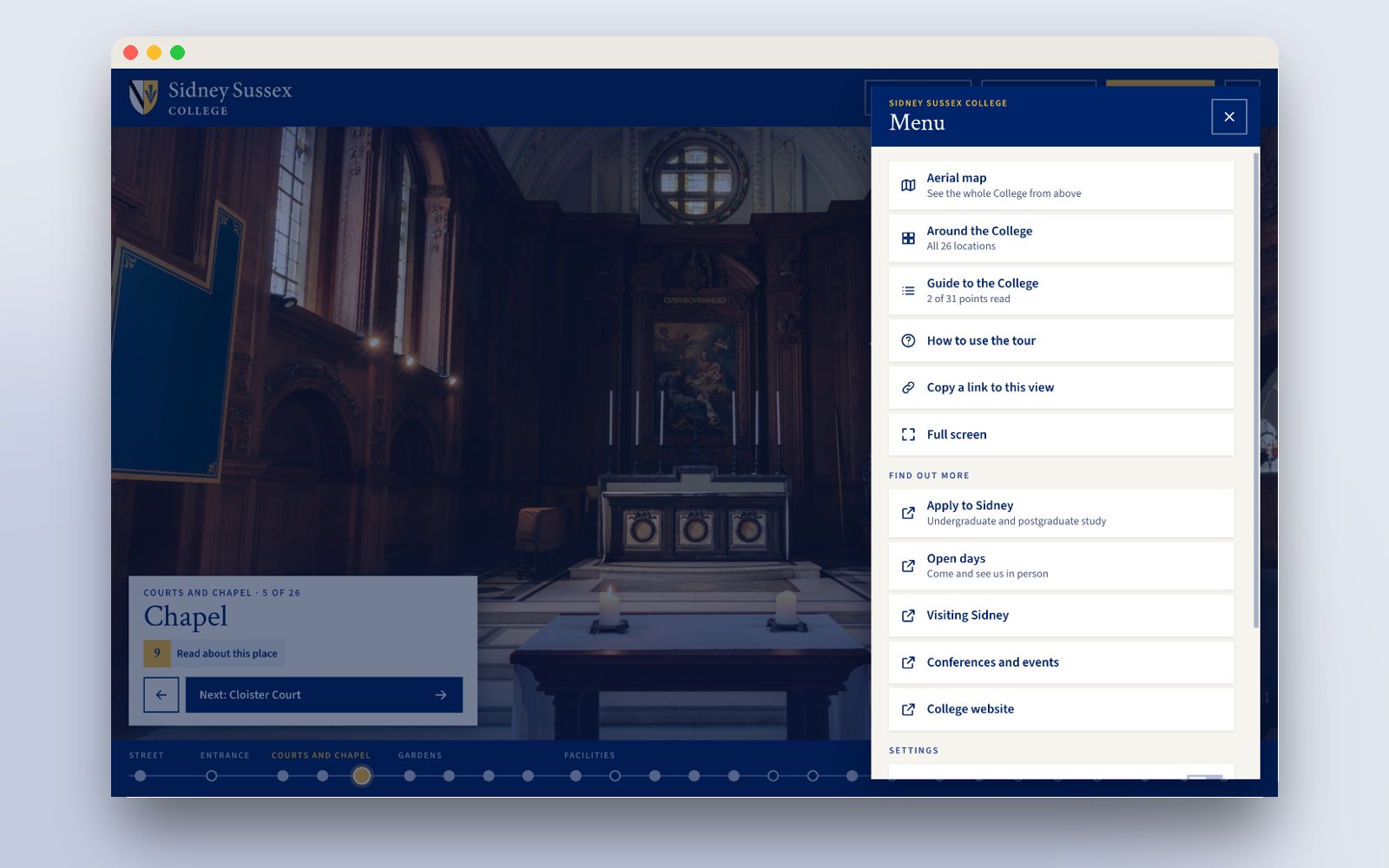Tour menu with navigation, links to apply and open days, and settings