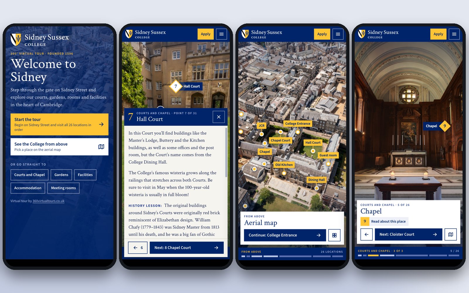Four mobile views of the Sidney Sussex College virtual tour