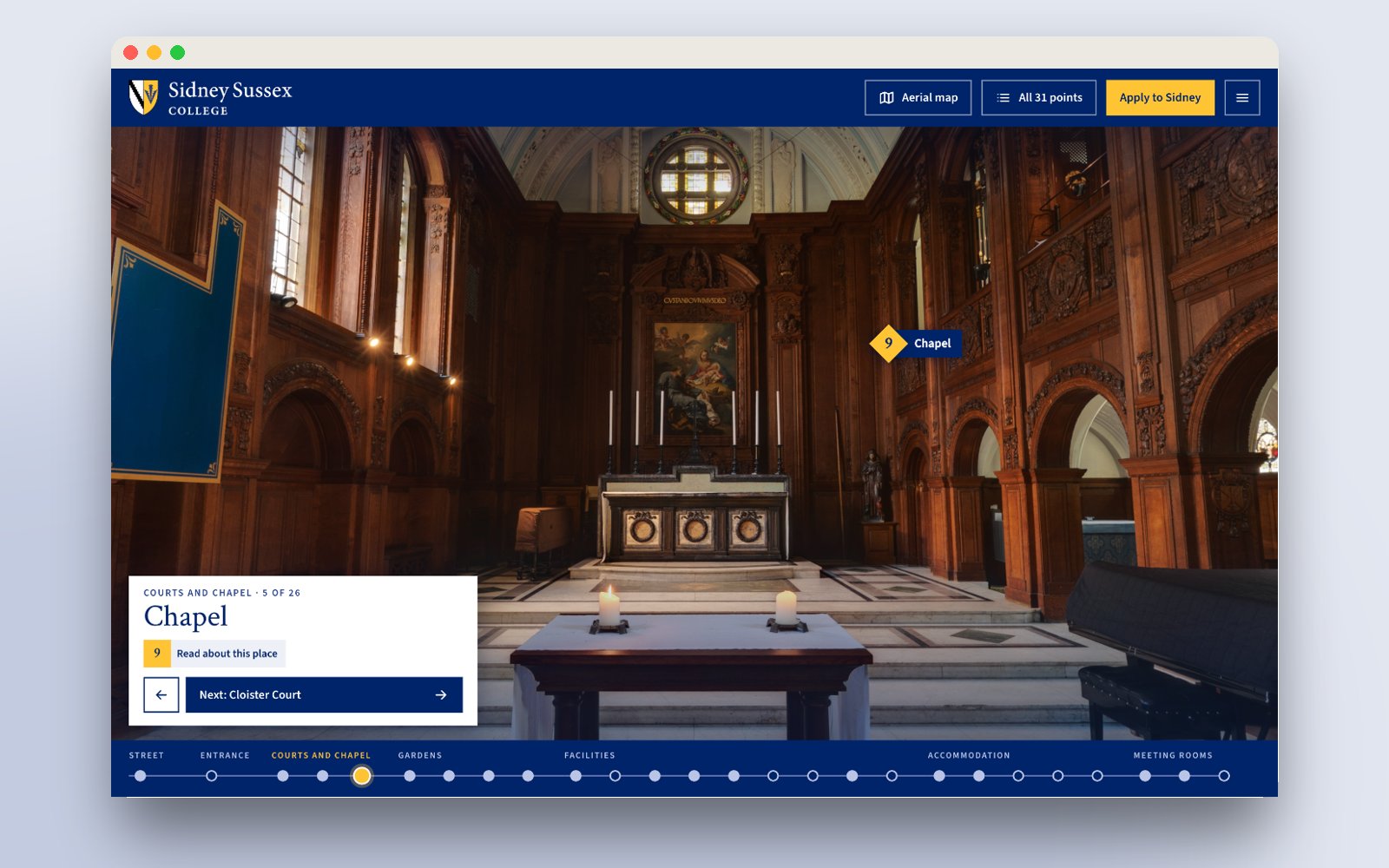 The Chapel scene with the location card and the route line along the bottom