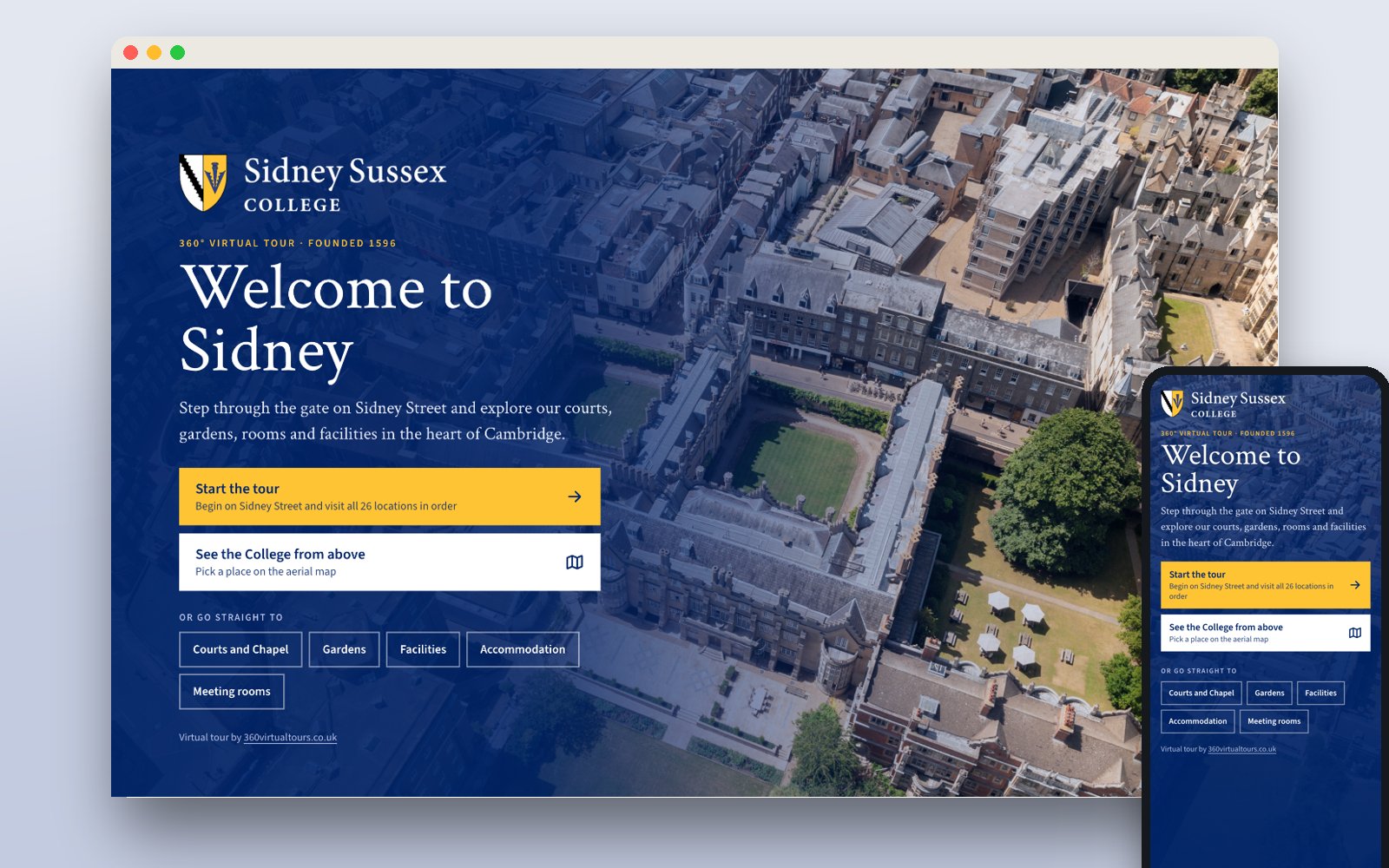 Sidney Sussex College virtual tour welcome screen on desktop and mobile