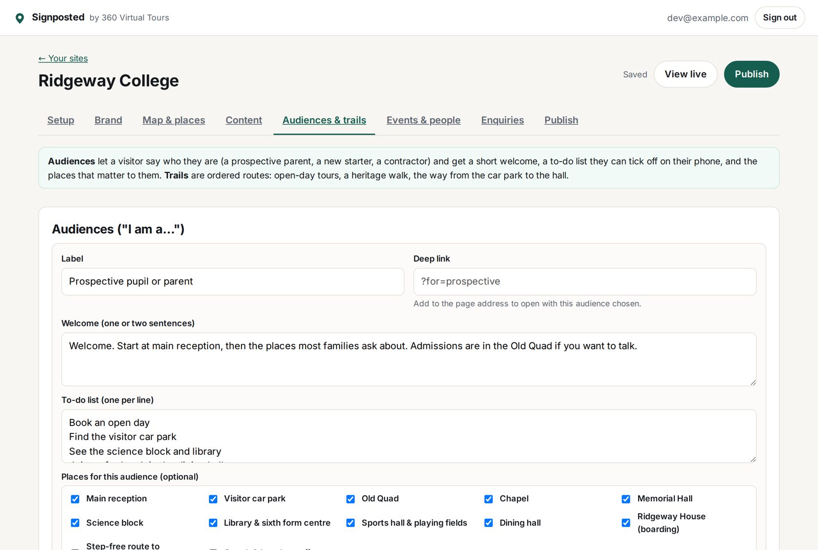 Audiences and trails: a label, a welcome, a to-do list and the places for each group.