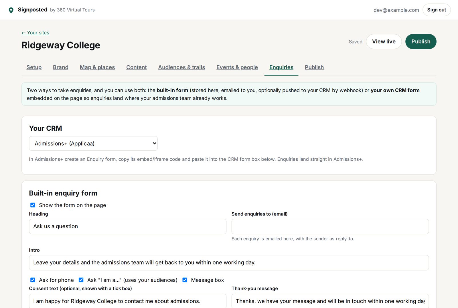 The builder: choose your CRM, switch on the built-in form, see and export every enquiry.