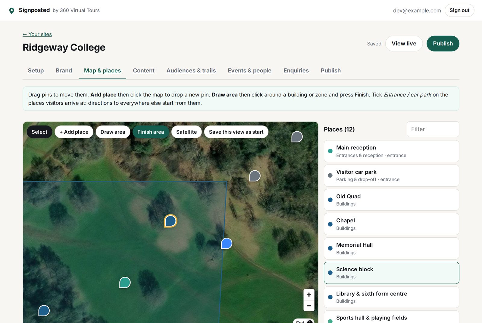 Map and places: drag pins, draw areas, add photos, hours and a 360 tour to any building.
