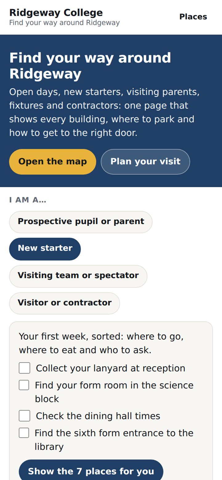 On a phone: "I am a new starter" gives a welcome and a to-do list to tick off.