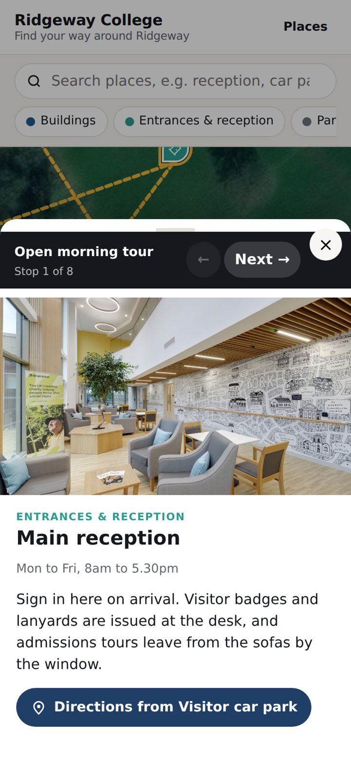 Following a trail: each stop opens with its photo, description and a Next button.