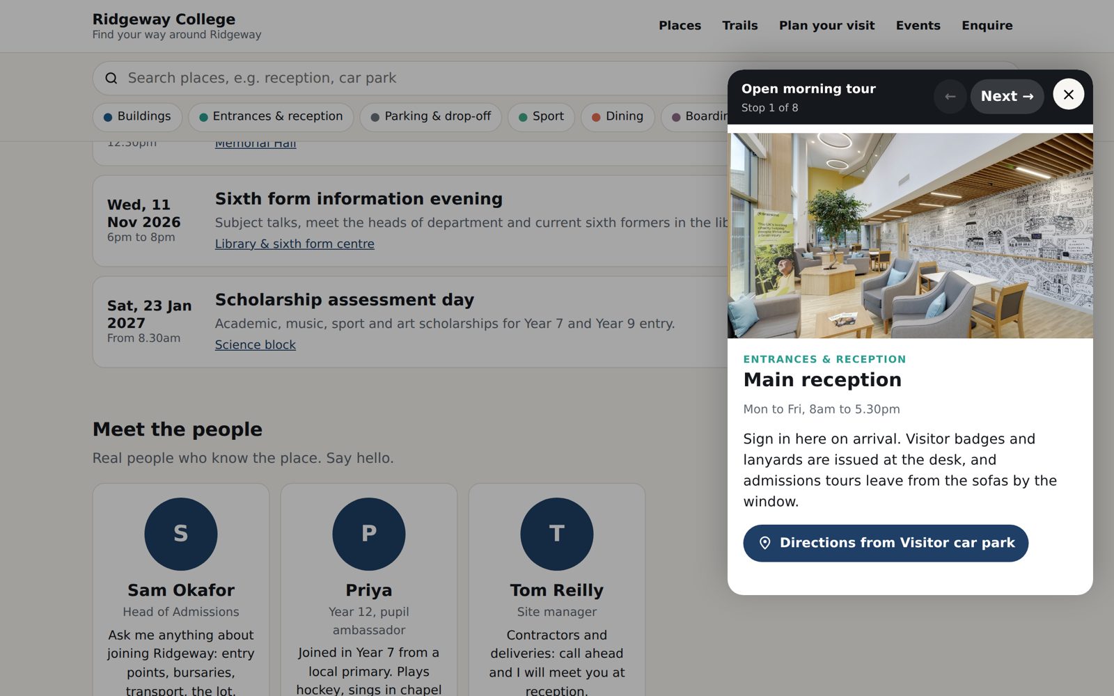 Events with booking links, and the people visitors can talk to.
