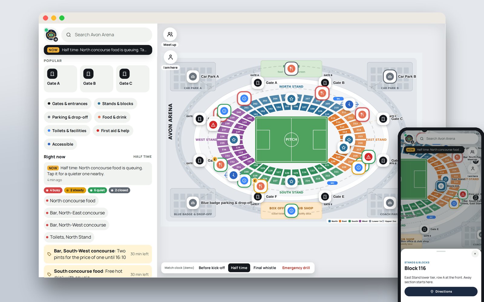 Signposted: a stadium seating plan as the visitor map, on a laptop