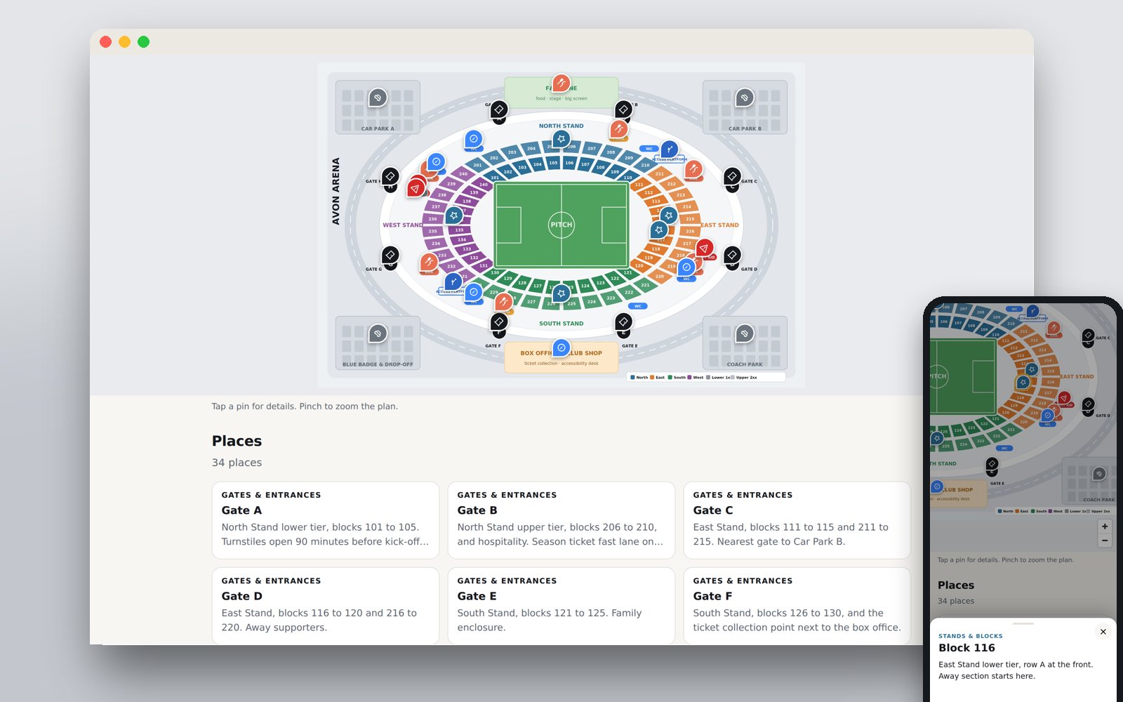 Signposted: a stadium seating plan as the visitor map, on a laptop