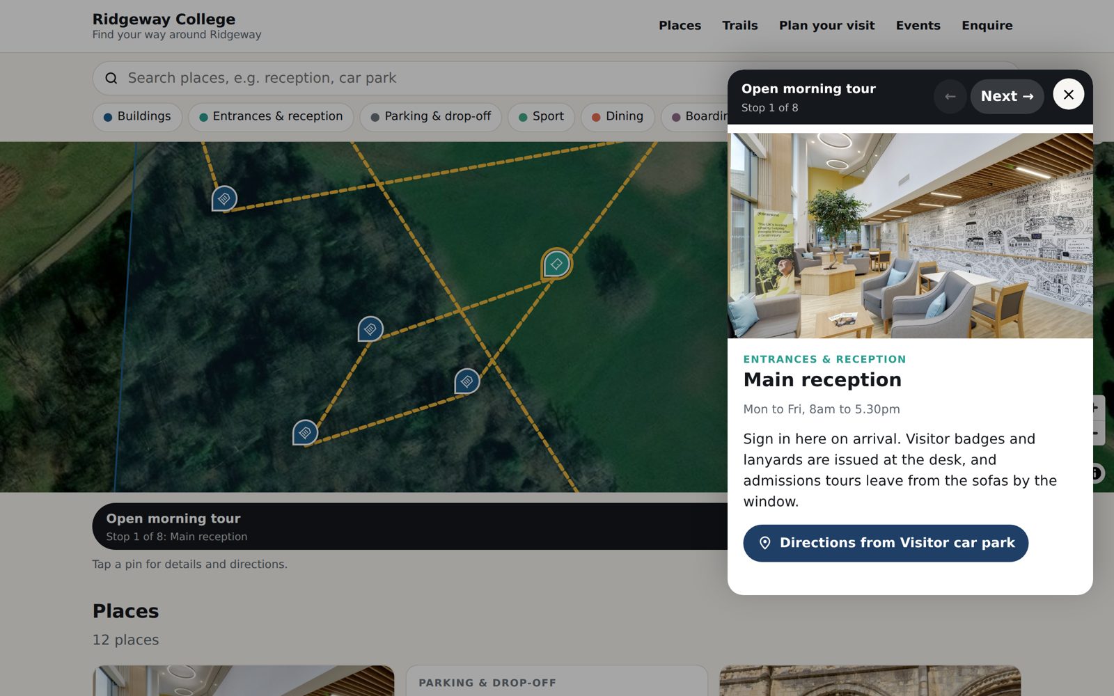 The visitor page on a laptop: satellite map, the open-morning trail stop by stop, and directions to each building.