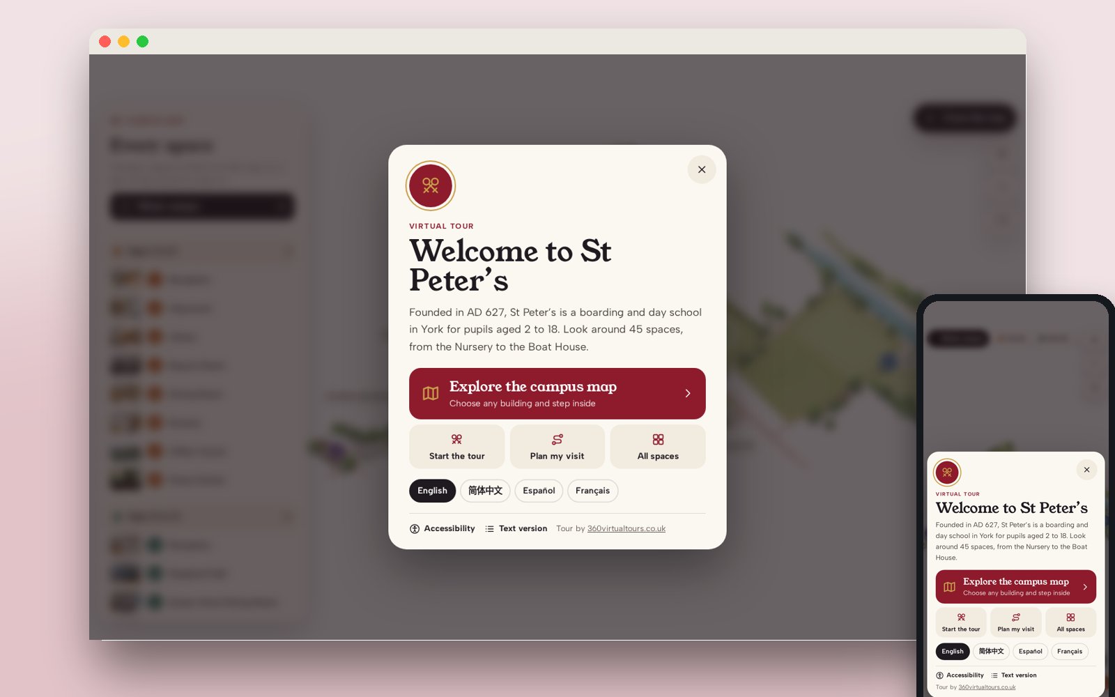 St Peter’s School York: 45-Space Virtual Tour with Campus Map: the tour's opening screen
