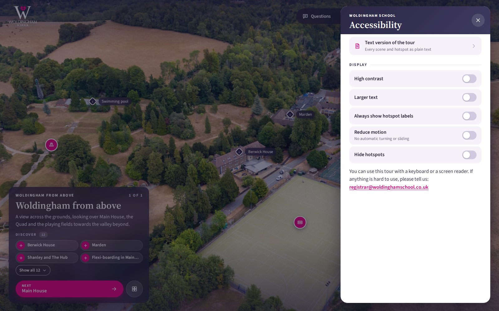 Accessibility panel with text version, high contrast, larger text, hotspot labels, reduce motion and hide hotspots