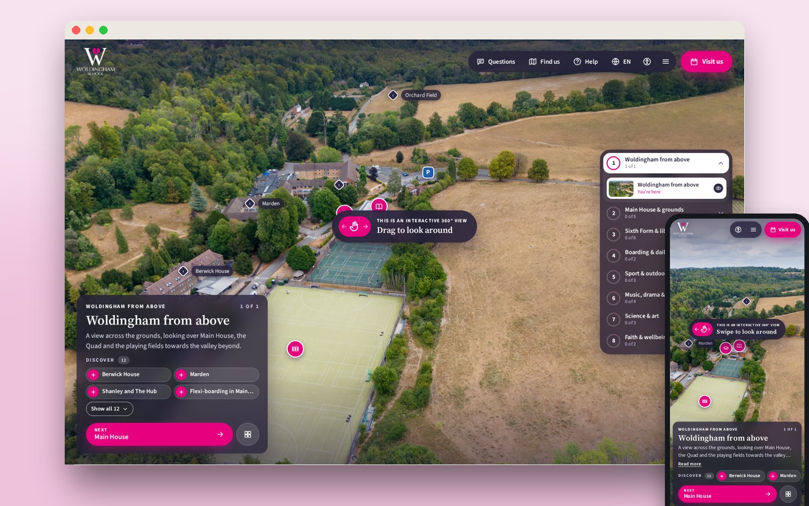 Aerial view of Woldingham School with hotspots, a list of places to discover and the areas panel