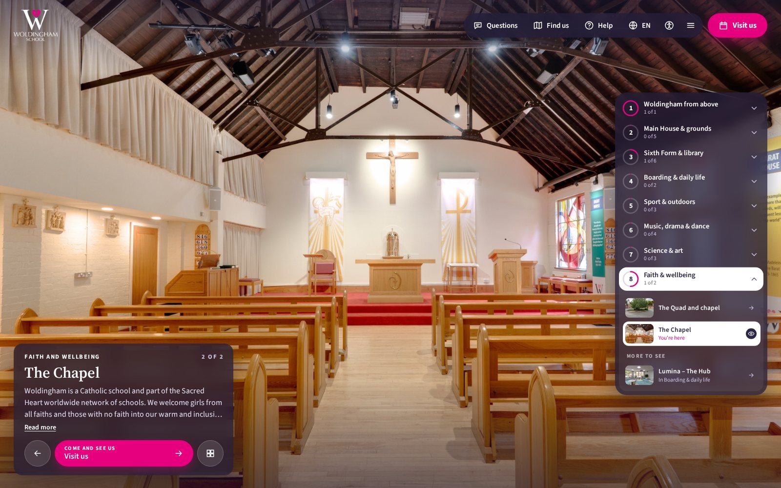 The Chapel in 360 with the Faith and wellbeing area open and a More to see link to Lumina