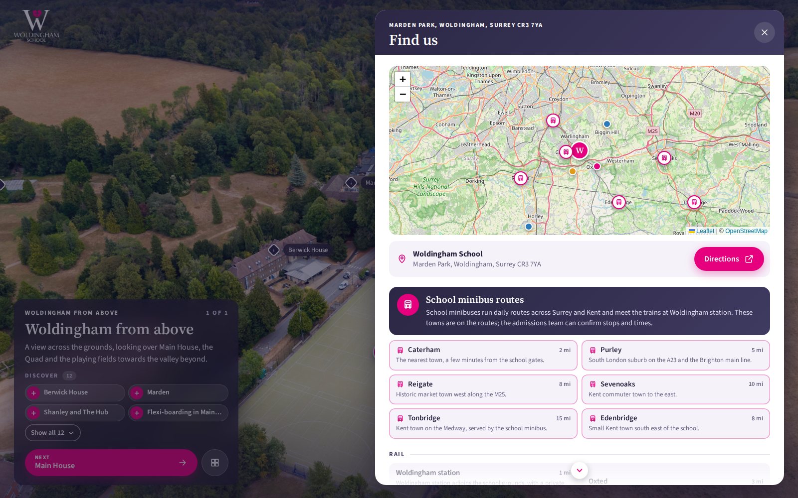 Find us panel with a map of the Surrey Hills, a Directions button and school minibus routes