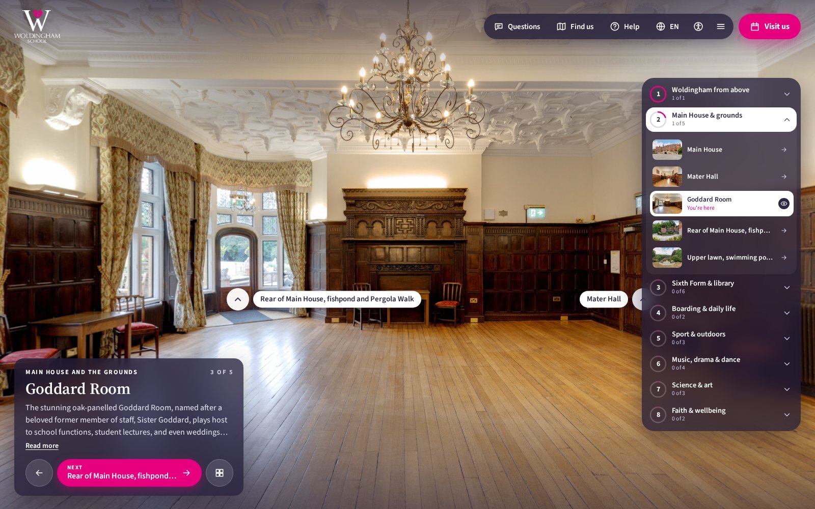 The Goddard Room in 360 with labelled arrows to the rear of Main House and Mater Hall