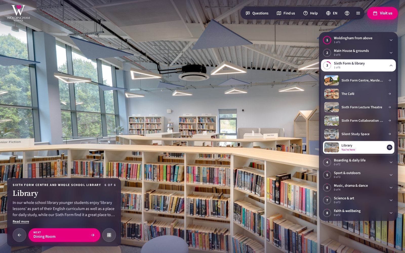 The Library in 360 with the Sixth Form and library area open in the scene list