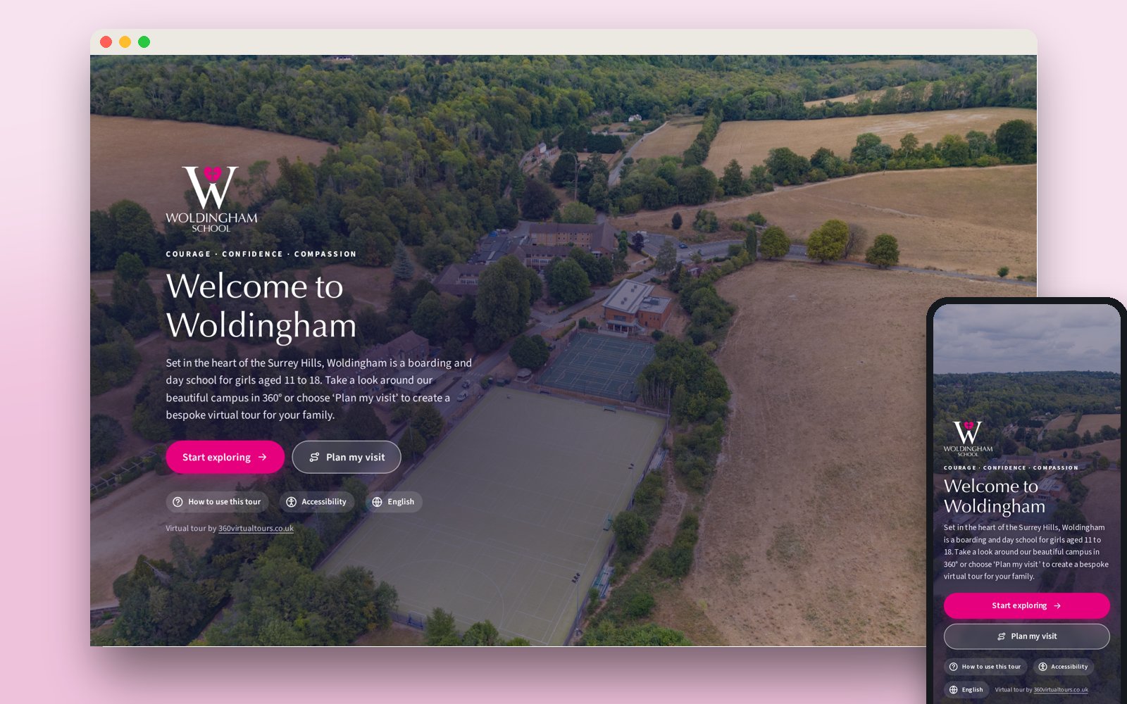 Woldingham School virtual tour welcome screen on desktop and mobile