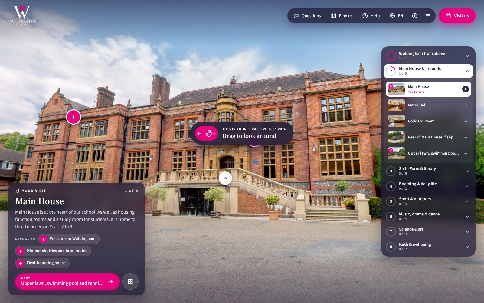 Main House in 360 as the first stop of a planned visit, marked 1 of 9